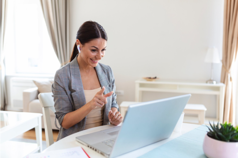 Woman explains new lesson during online class