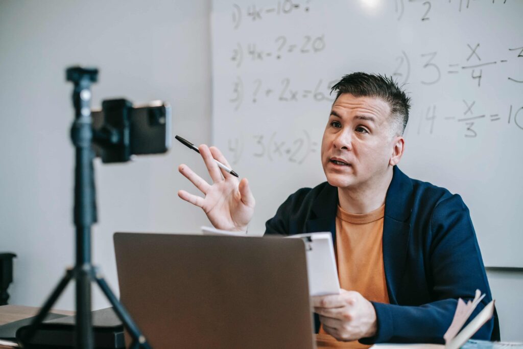Man using innovative technologies in online lesson