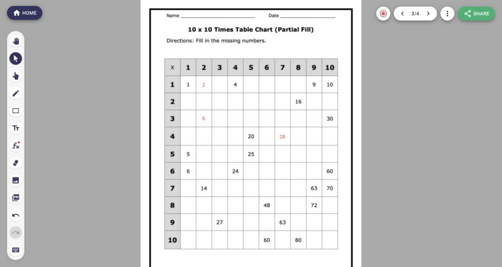 Times table pdf for Math practice in LiveBoard