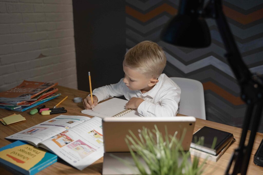 Pupil doing assignment at an online lesson